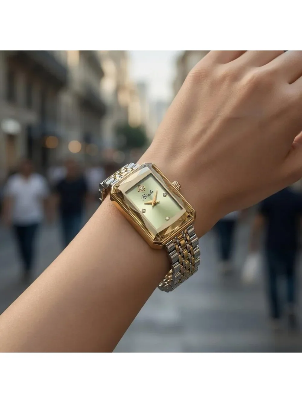 Women's Silver Gold Green Vintage Rectangular Case Stainless Steel Band Watches